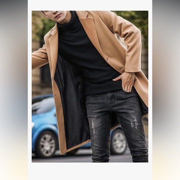 Men's Wool Blend Pea Coat Notched Collar Single Breasted Overcoat tan medium - Picture 3 of 8